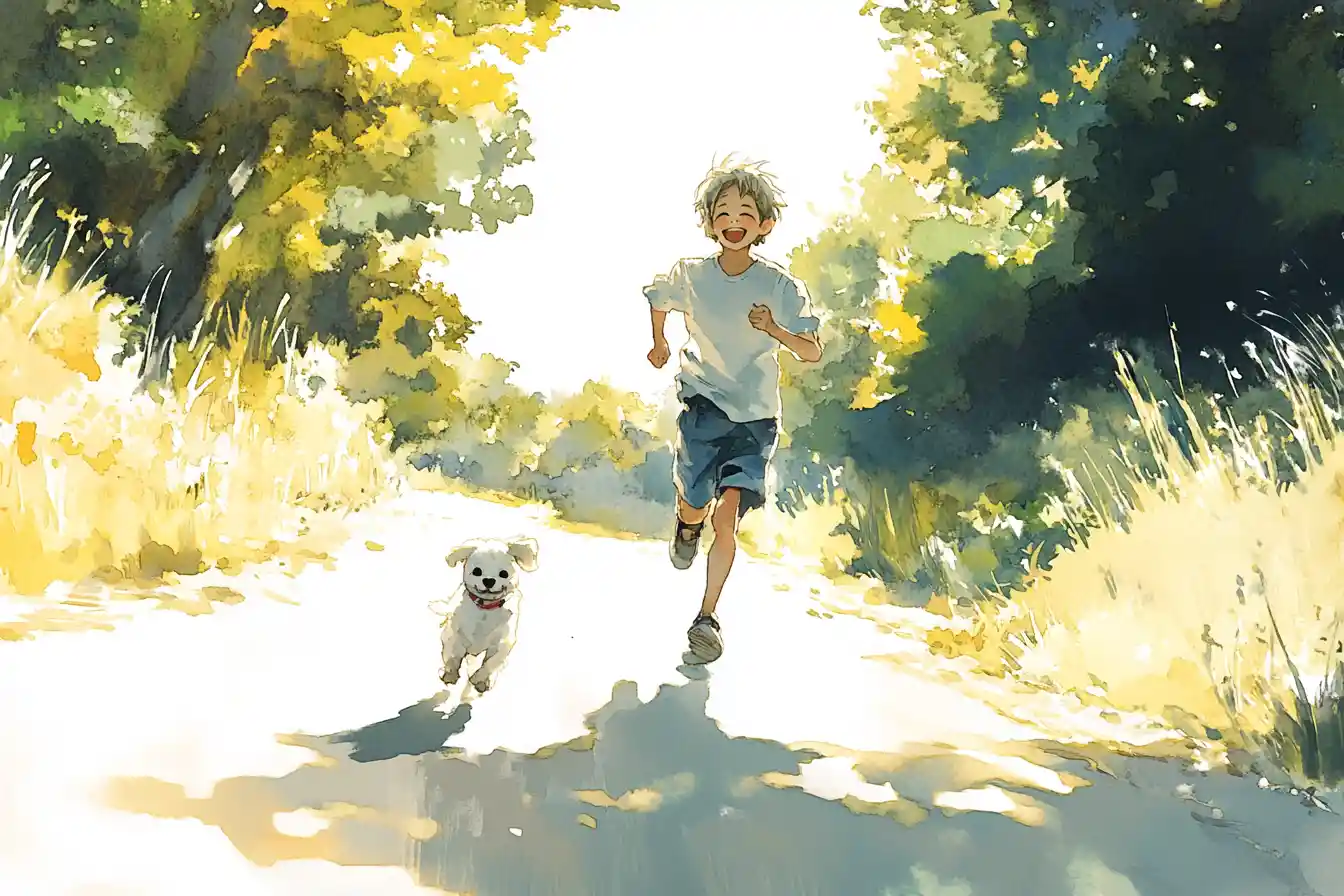 Teenage boy running with white dog on country road