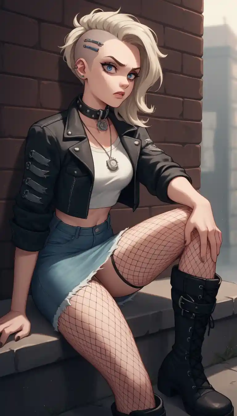 Edgy blonde woman posing in a dark urban alley