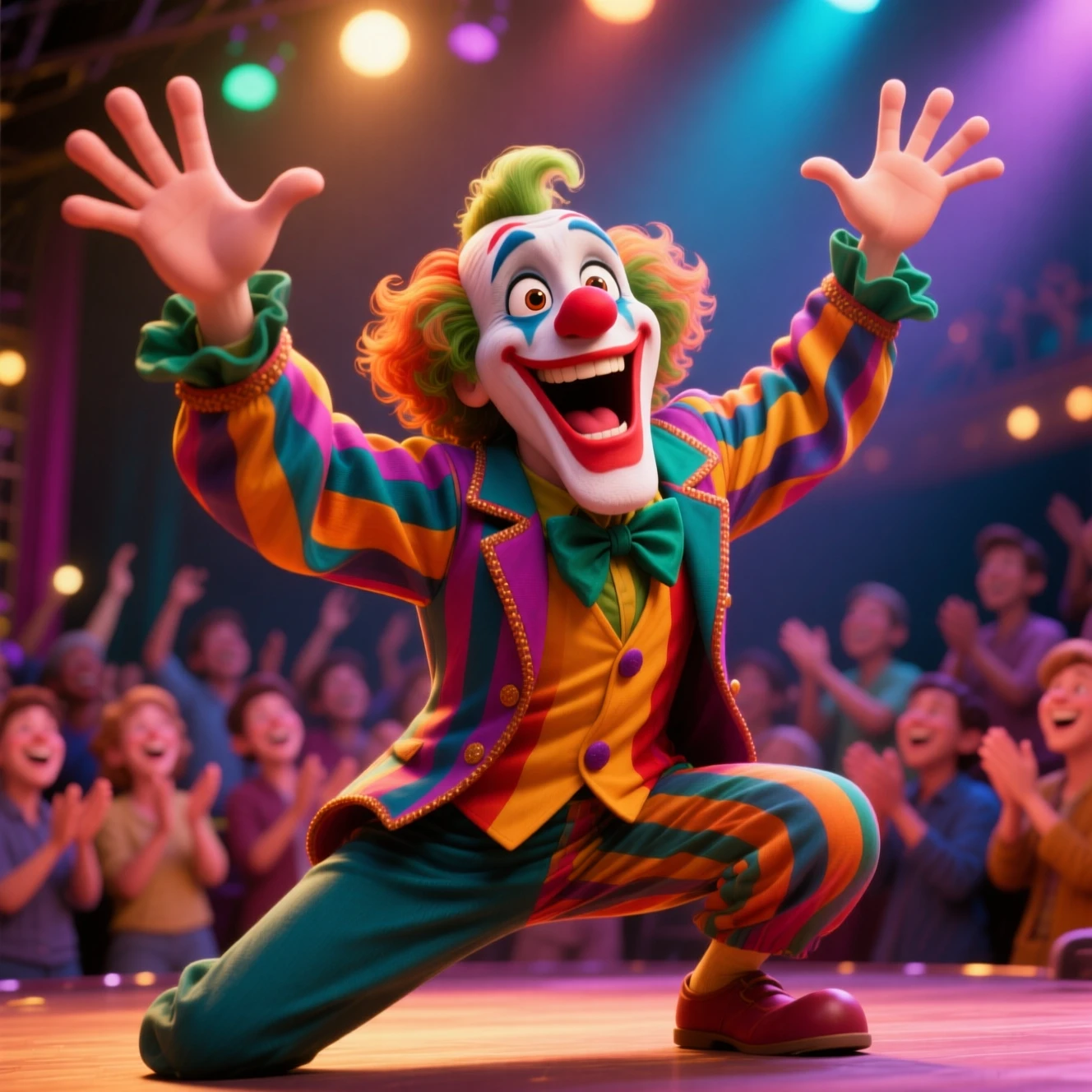 Artista comico in costume colorato su un palco vivace