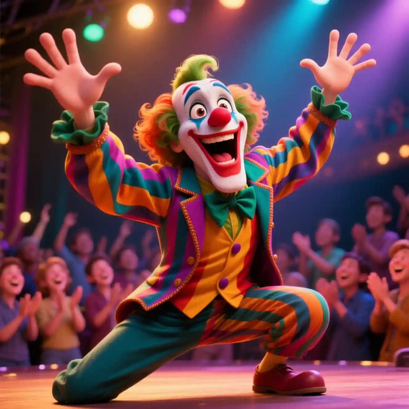 Artista comico in costume colorato su un palco vivace