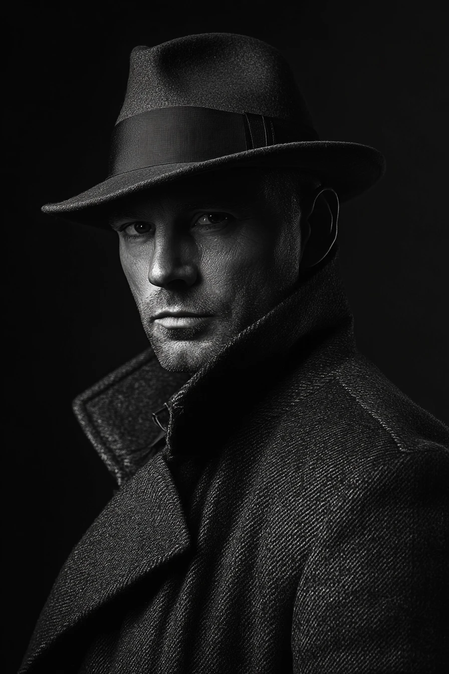 Retrato en blanco y negro de un detective privado al estilo noir