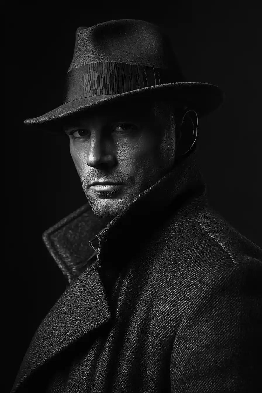 Noir style black and white portrait of a private detective