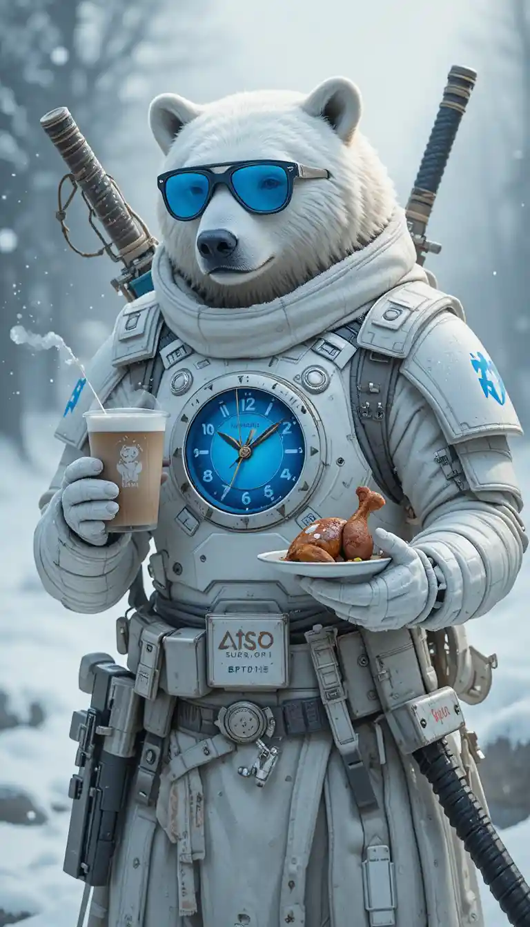 Polar bear in snow wearing armor and holding warm food