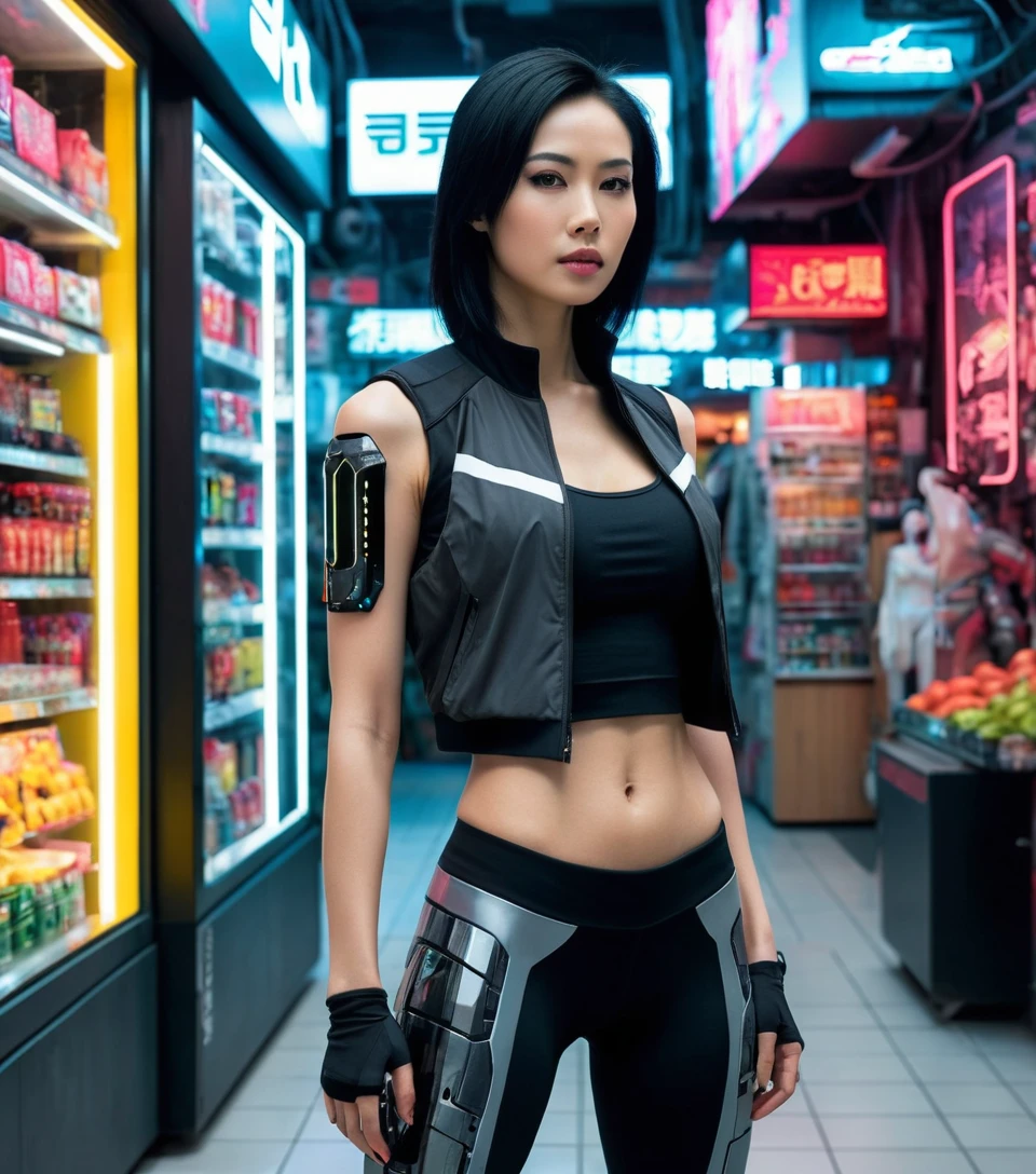 Femme vietnamienne cyberpunk avec augmentations corporelles cybernétiques