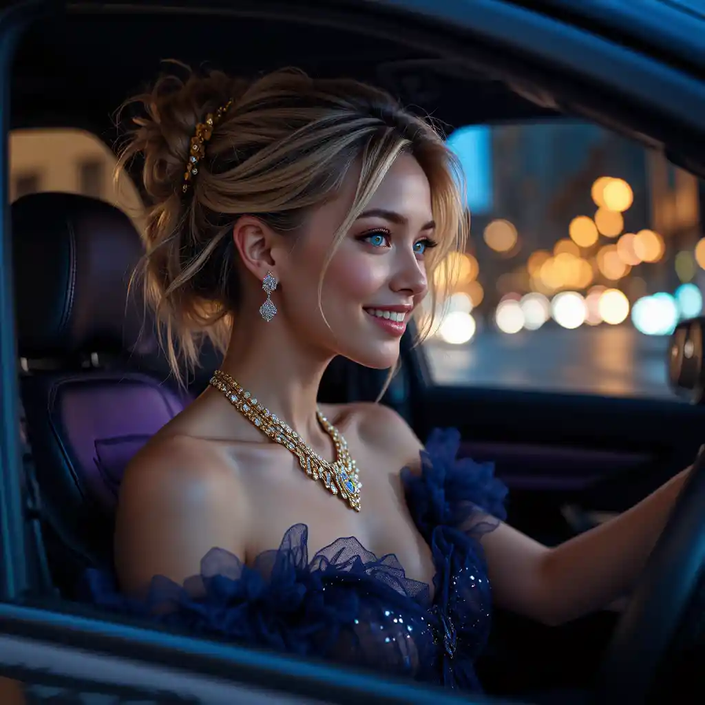Joyful blonde woman driving in a glowing car interior
