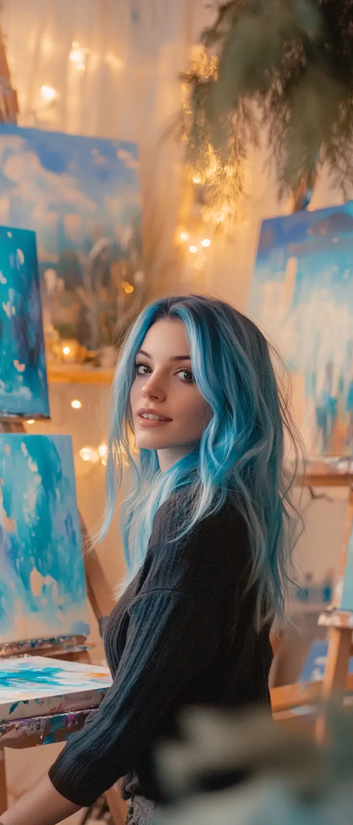 Jeune artiste aux cheveux bleus peignant dans un studio chaleureux