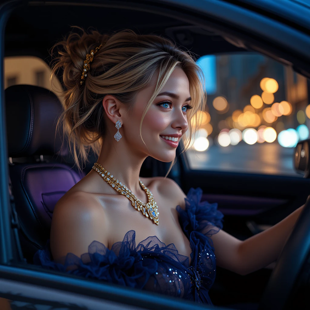 Joyful blonde woman driving in a glowing car interior