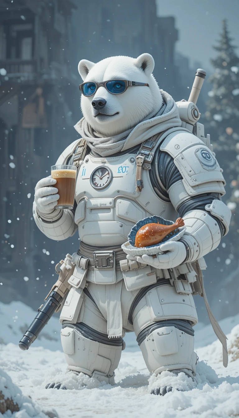 Urso‑polar na neve com relógio azul e bentô no almoço