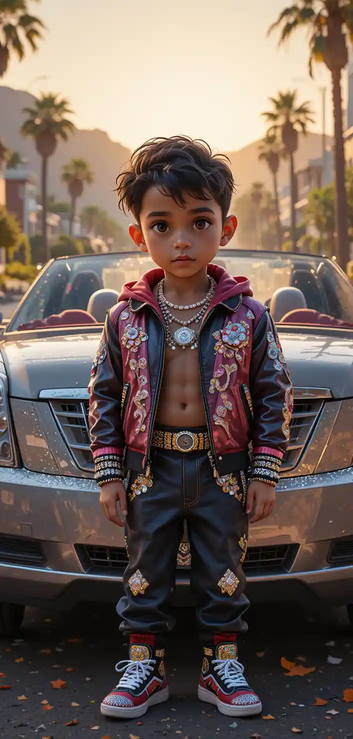 Little boy rapper leading a shiny cadillac car