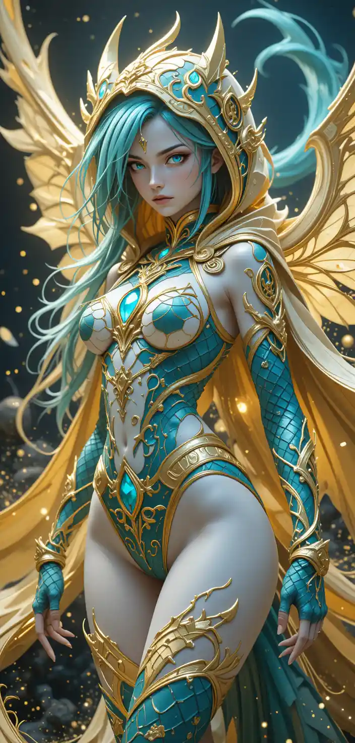 Guerrière d’anime aux écailles de dragon en posture de combat lumineuse