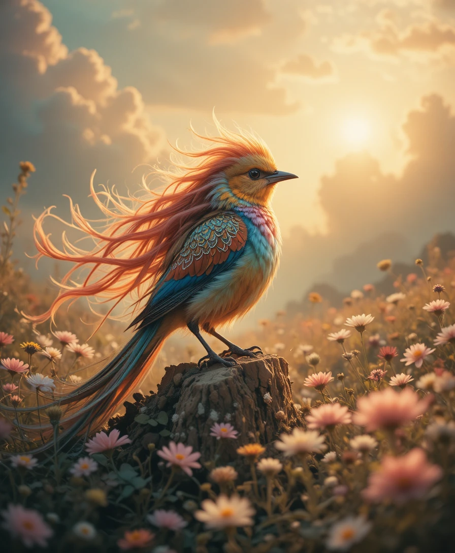 Pássaro místico e colorido em um campo de flores silvestres banhado pelo sol dos sonhos