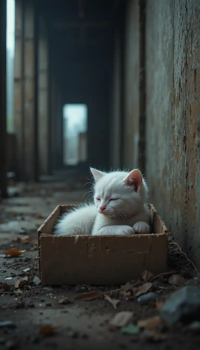 Minúsculo gatito blanco recién nacido acurrucado en una caja oscura