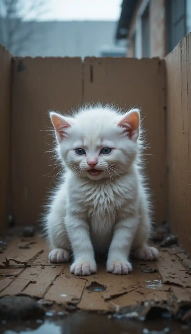 Chaton blanc abandonné recroquevillé dans un abri en carton glacé