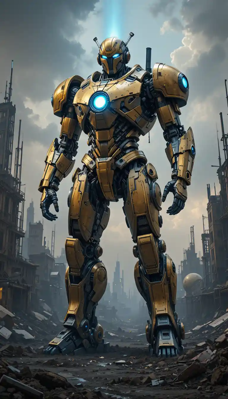 Goldener gepanzerter Roboter in einer zerstörten futuristischen Metropole
