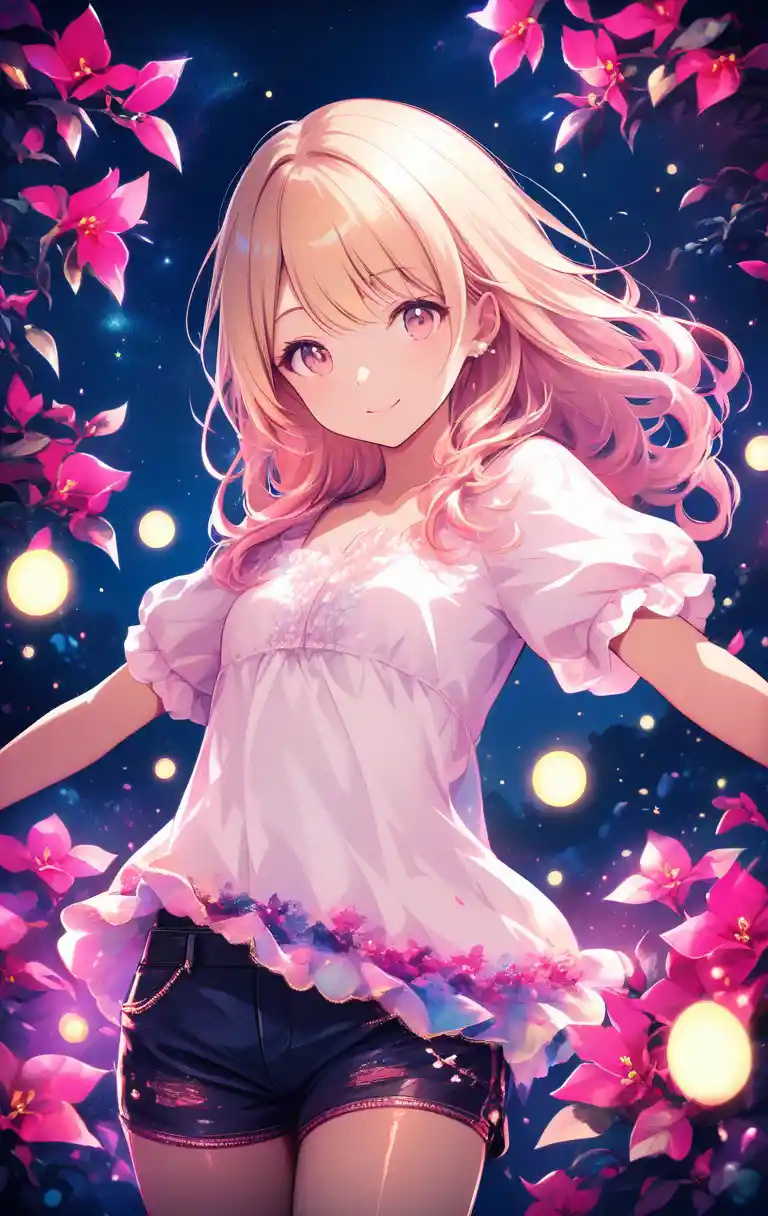 Anime gyaru girl smiling under moonlit night sky