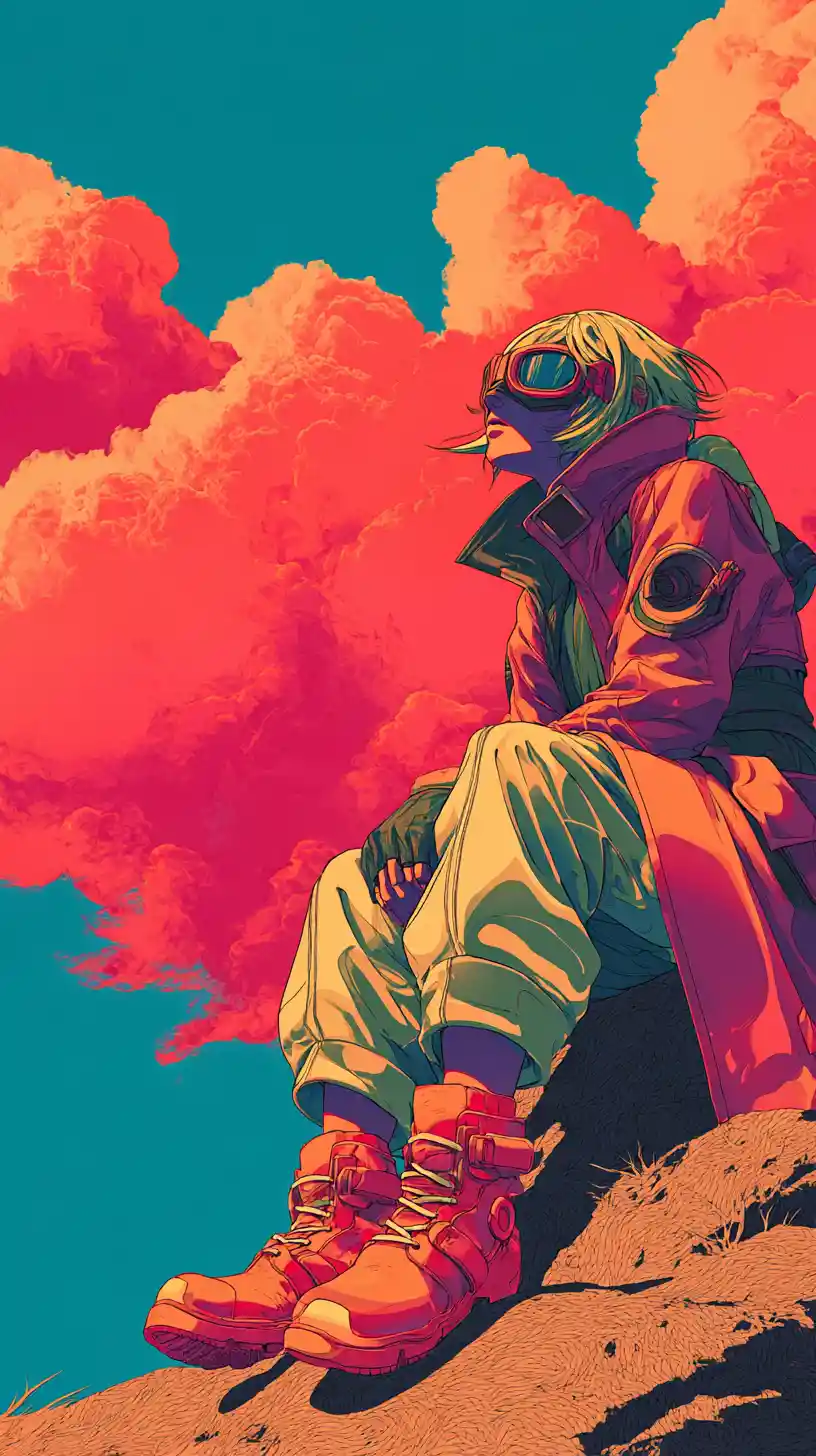 Retro anime boy sitting in a surreal neon winter sky