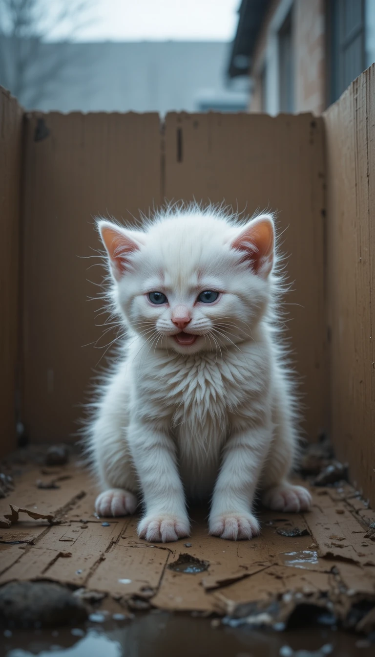Chaton blanc abandonné recroquevillé dans un abri en carton glacé