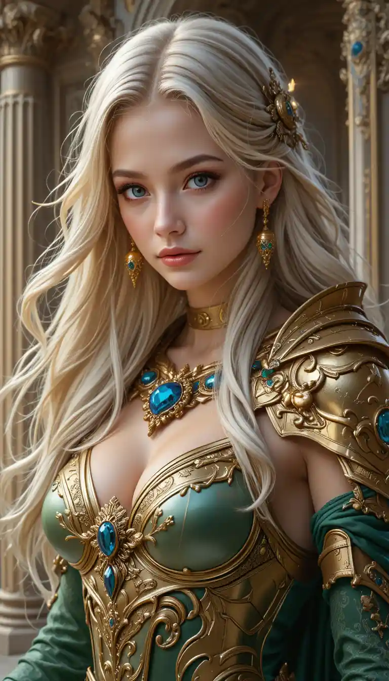 Donna in armatura ornata davanti a grandiose colonne fantasy