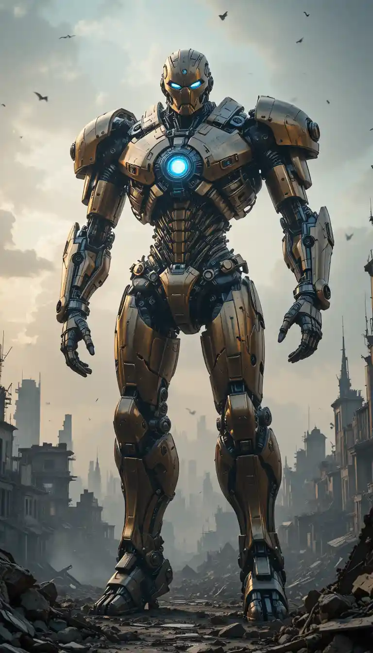 Goldener Kampfroboter in einer zerstörten futuristischen Stadtlandschaft