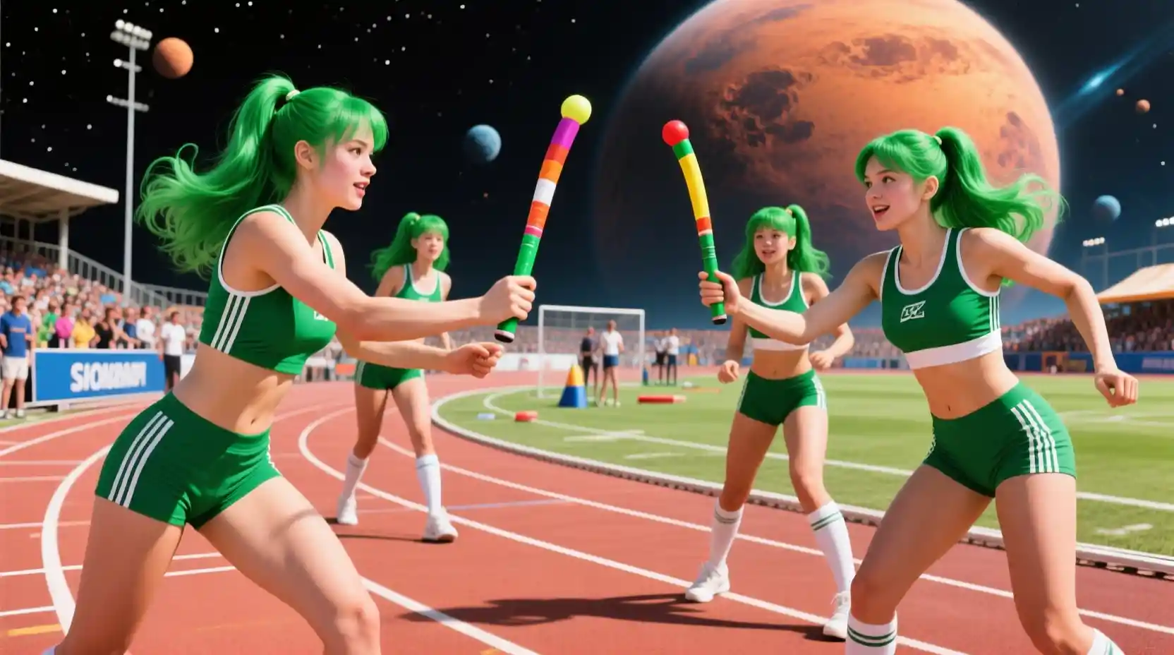 Athletes running relay on an alien Venus track