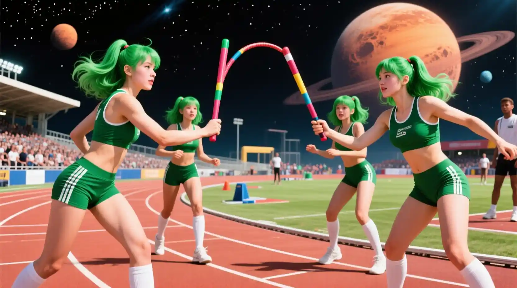 Ragazze dai capelli verdi che corrono una staffetta su una pista aliena