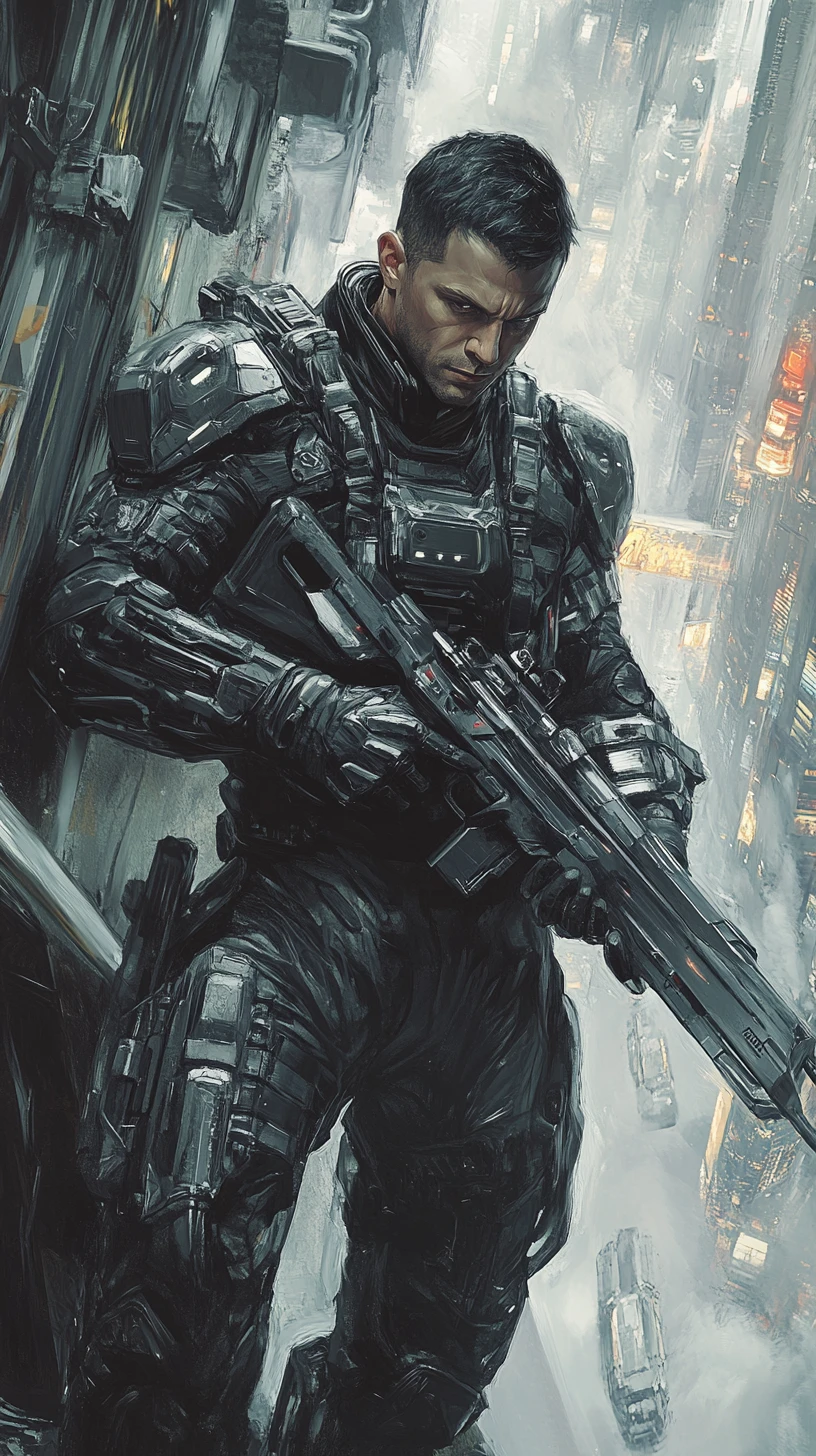 Agente blindado mirando sua arma em uma sala de controle futurista