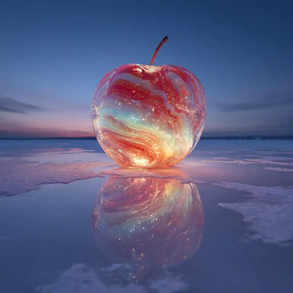 Glowing glass apple on a frozen lake at twilight