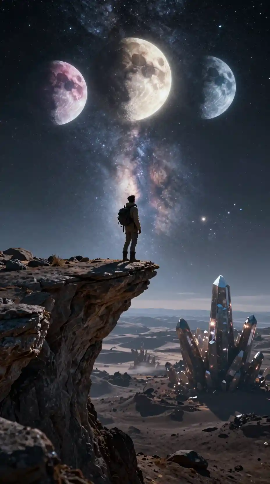 Esploratore solitario su un mondo alieno sotto tre lune vivide