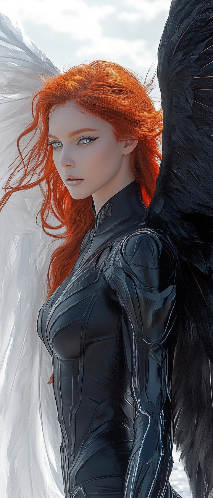 Angel woman with dual wings standing by the seaside