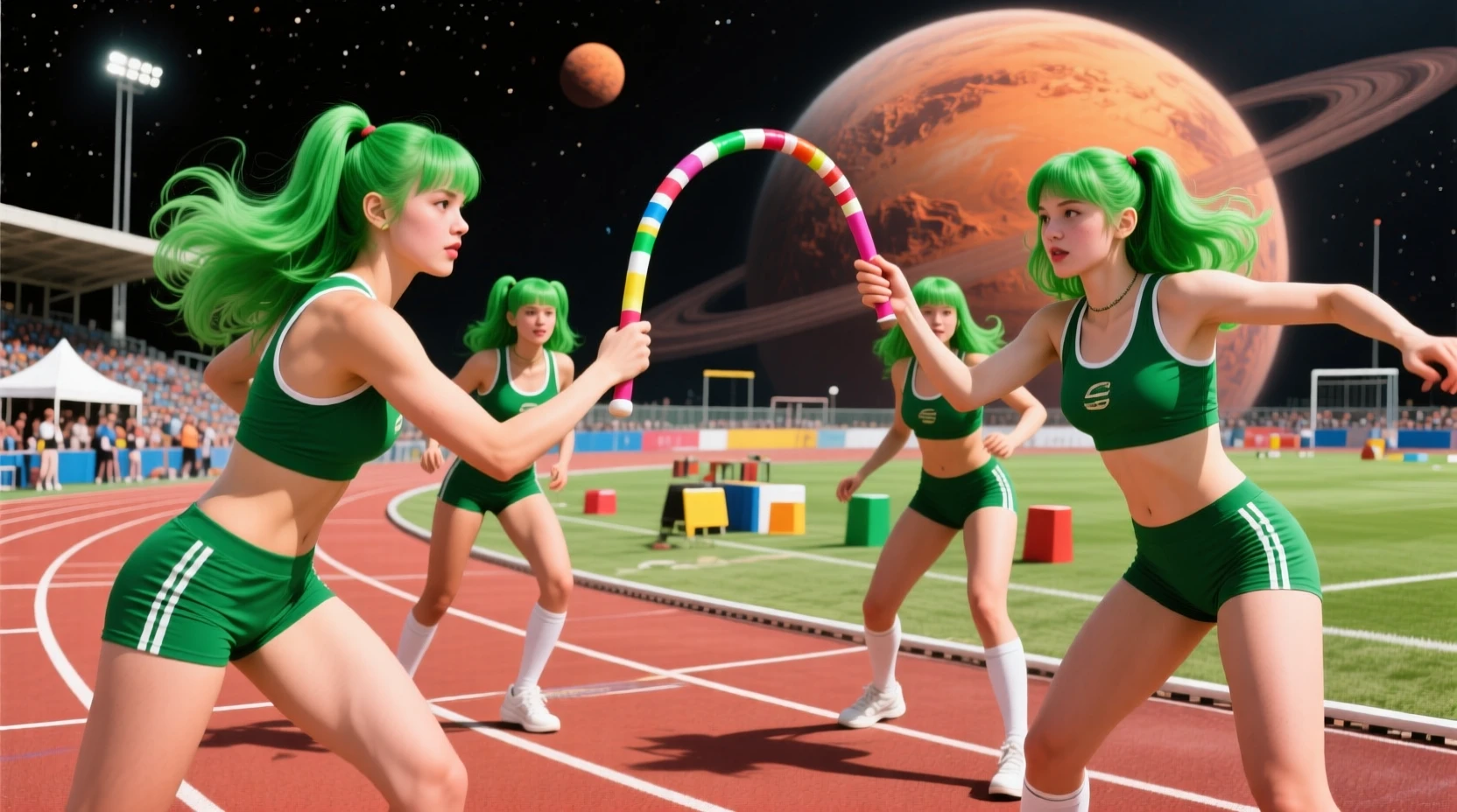 Green haired girls running relay on an alien track field