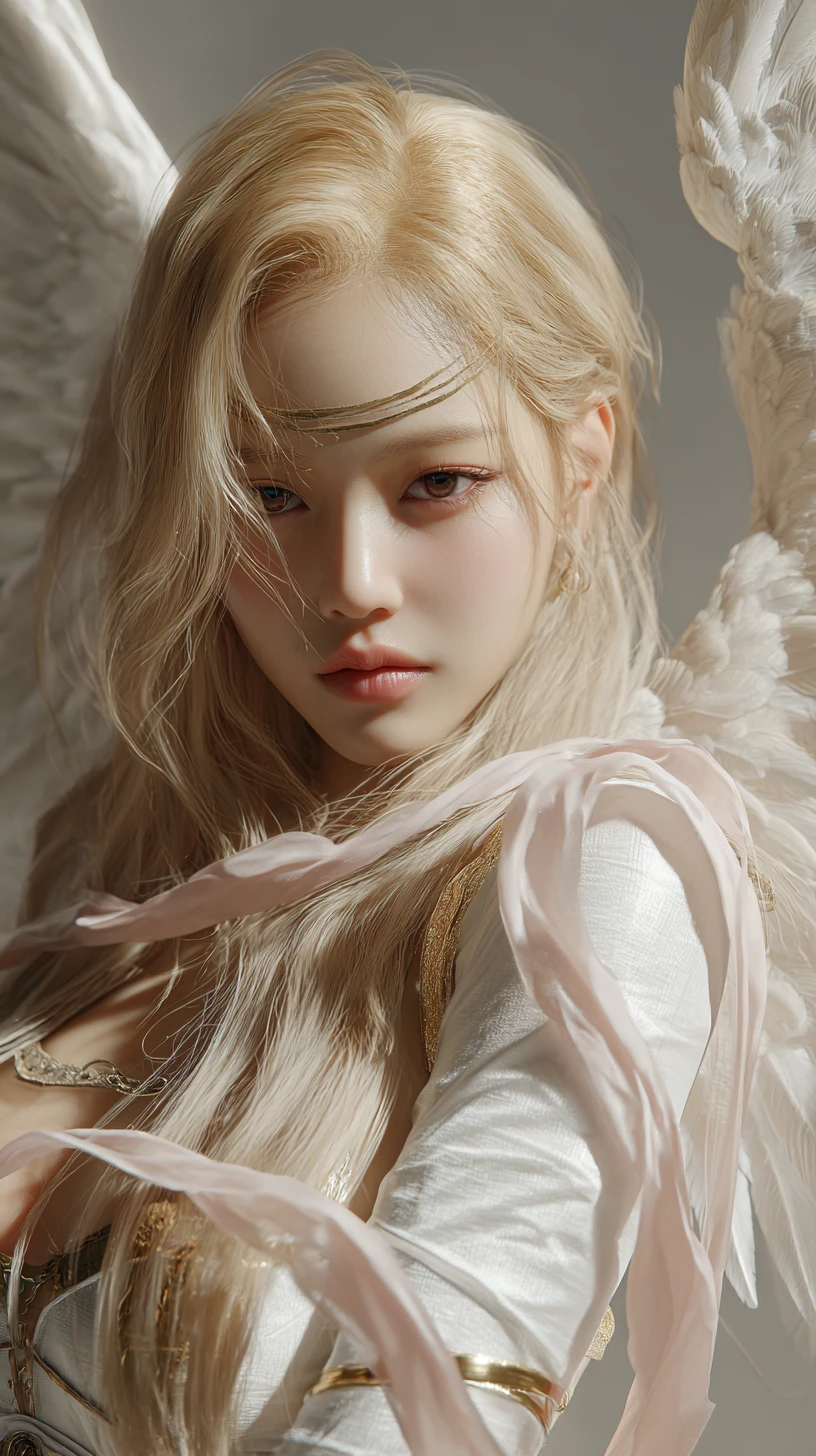 Celestial winged heroine styled as a modern K pop idol
