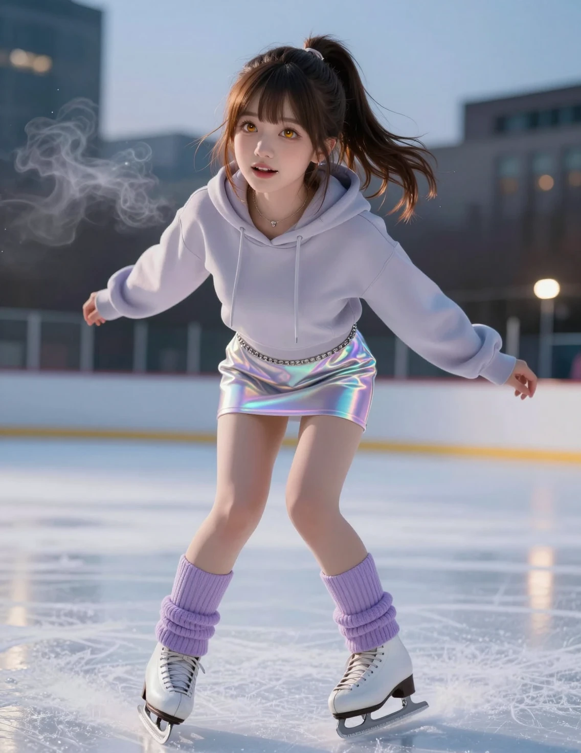 Chica de anime en pista de hielo urbana en una escena crepuscular cinematográfica
