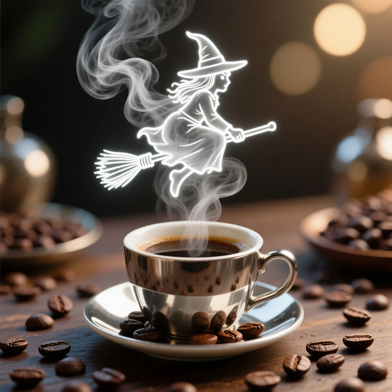 Sorcière mystique de vapeur au-dessus d’une tasse de café argentée avec des grains