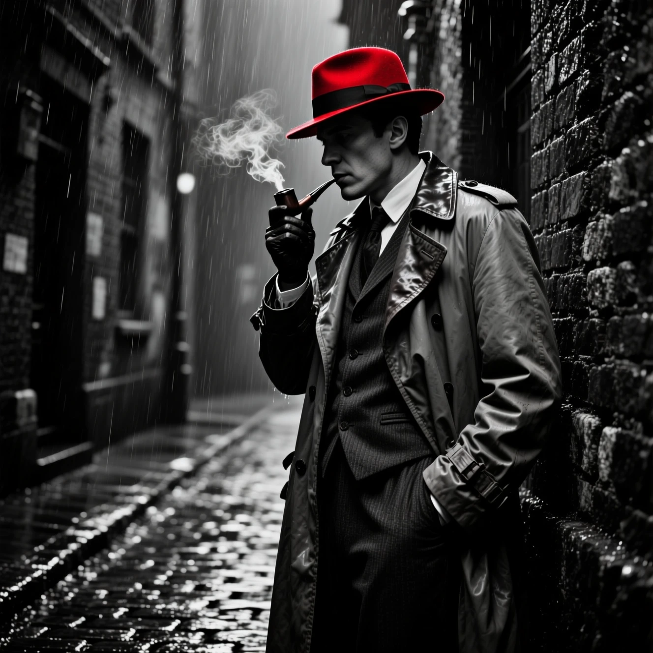 Detective con cappello rosso che fuma in un vicolo piovoso e in ombra