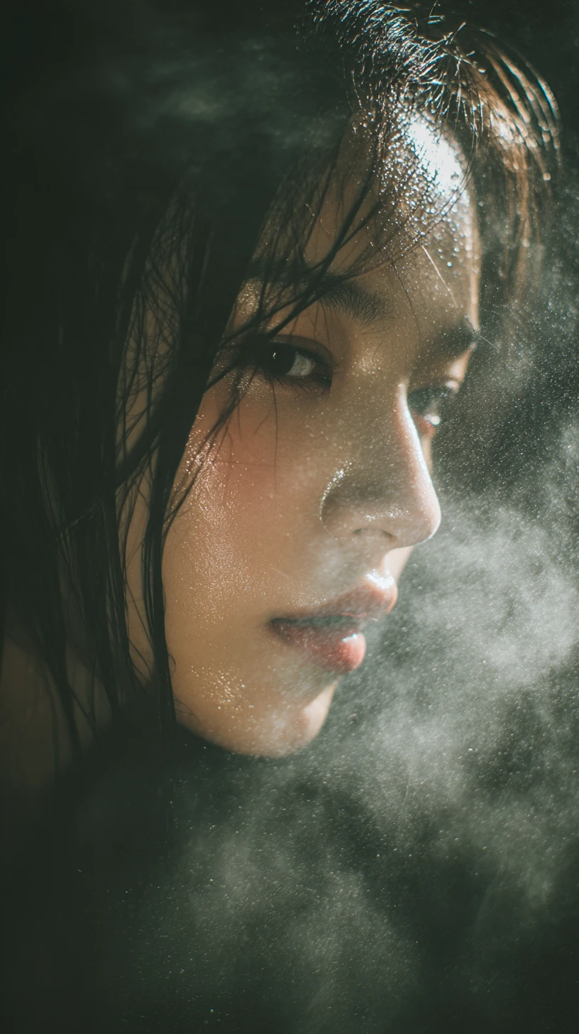 Moonlit portrait of a young woman in outdoor onsen steam