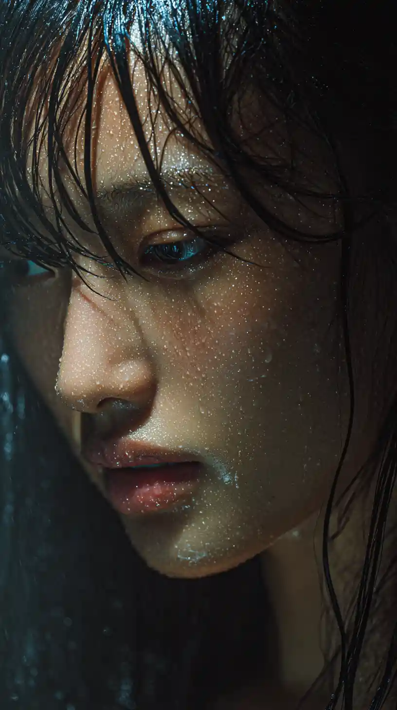 Moonlit portrait of a girl in outdoor hot spring
