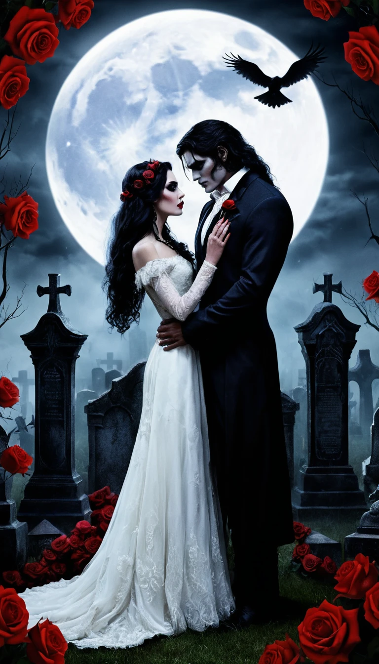 Noiva Vampira e Noivo Lobisomem em um Cemitério ao Luar