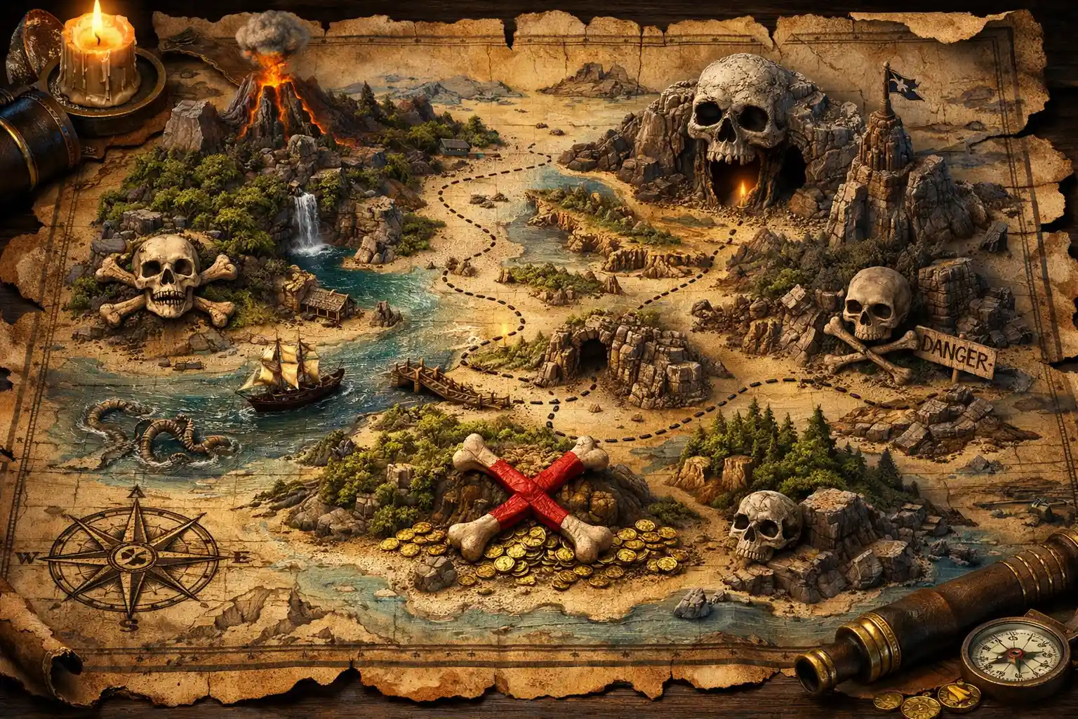 Fantasy 3D pirate treasure map with skull symbols