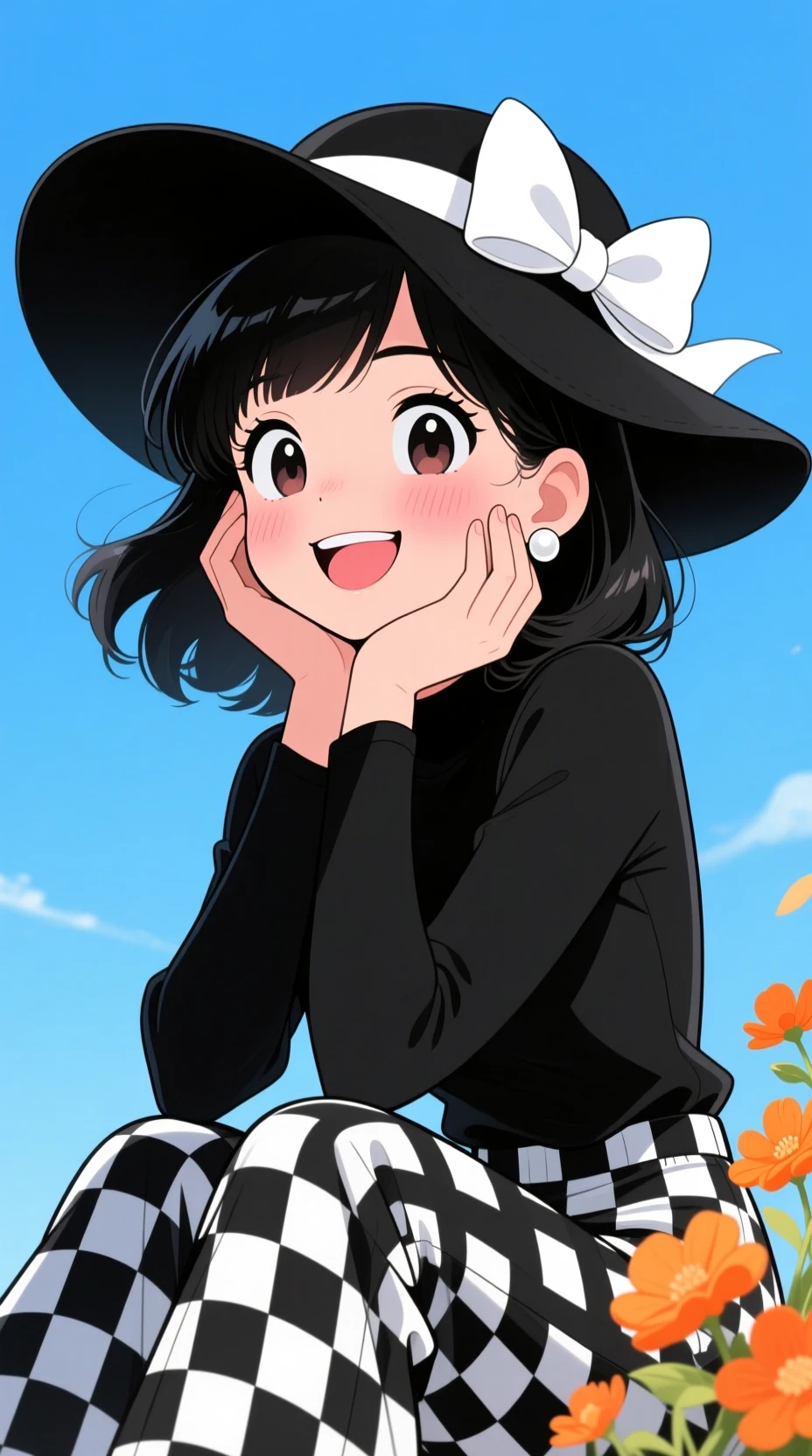 Smiling anime girl in black hat against blue sky