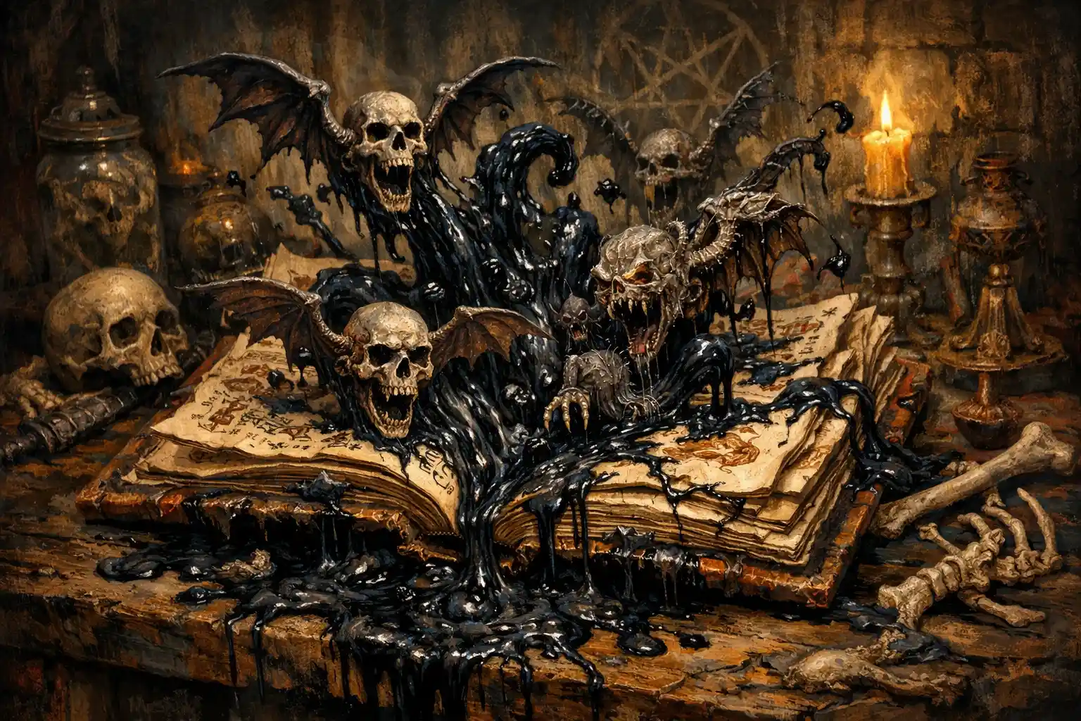 Ancient book of the dead releasing skulls and dark liquid
