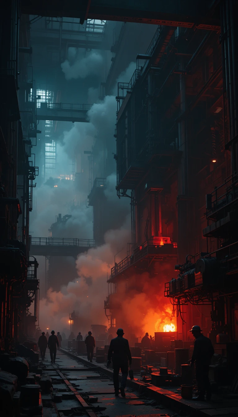 Intérieur sombre de fonderie industrielle avec fours flamboyants