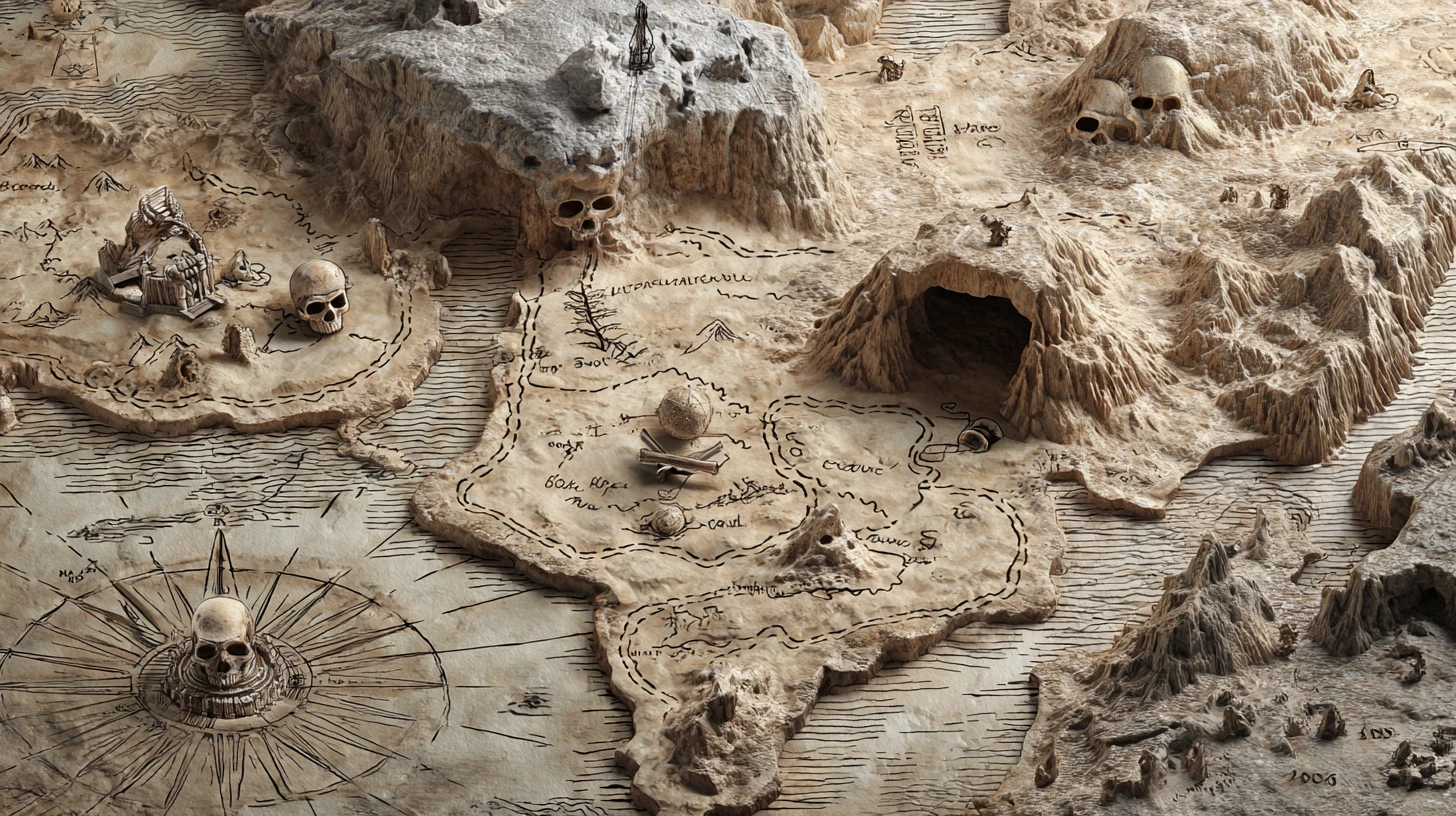 Mapa de tesoro pirata 3D de fantasía con cuevas y símbolos de calaveras