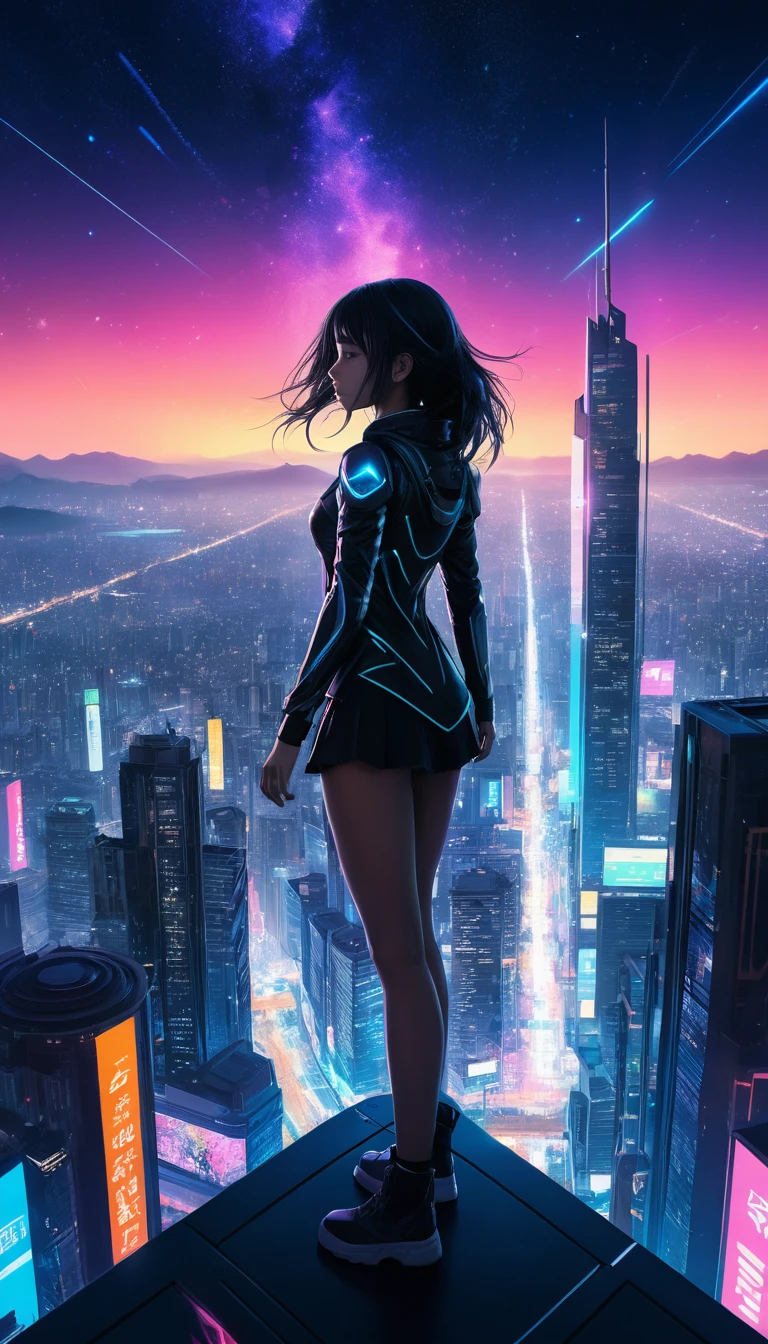 摩天大樓上伸手觸及星空的動漫少女