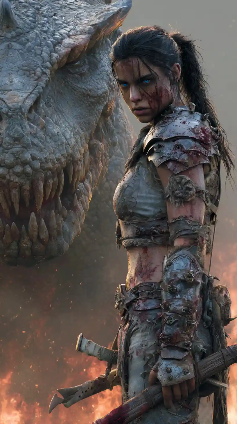 Battle hardened female warrior with dragon in flames