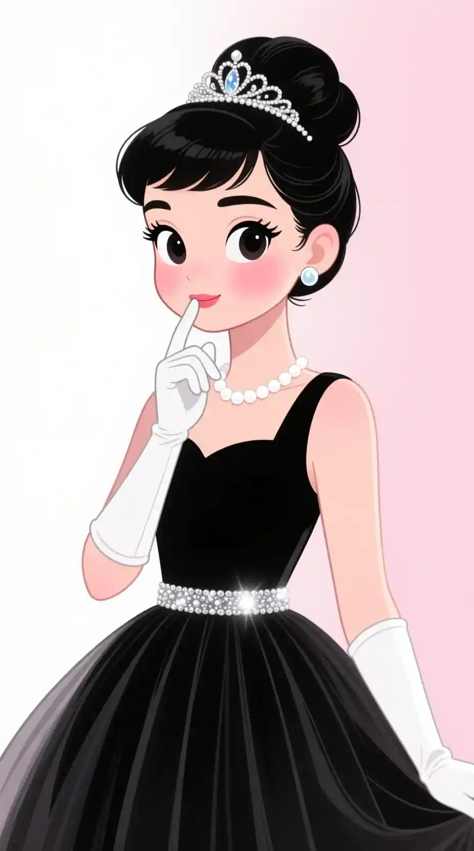 Elegant cartoon girl in black dress with tiara and pearls