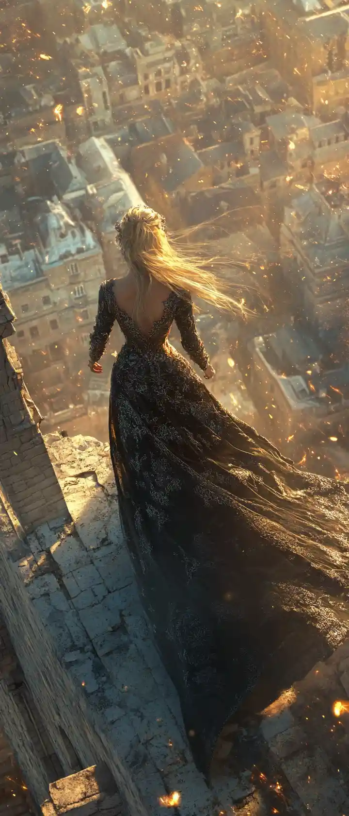 Ragazza su una torre in rovina nella calda luce del tramonto