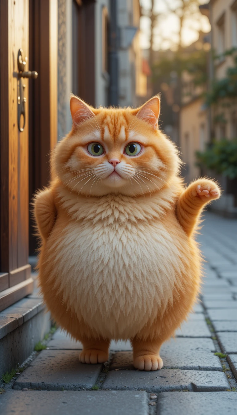 Gato laranja gordinho entrando em uma rua tranquila da cidade