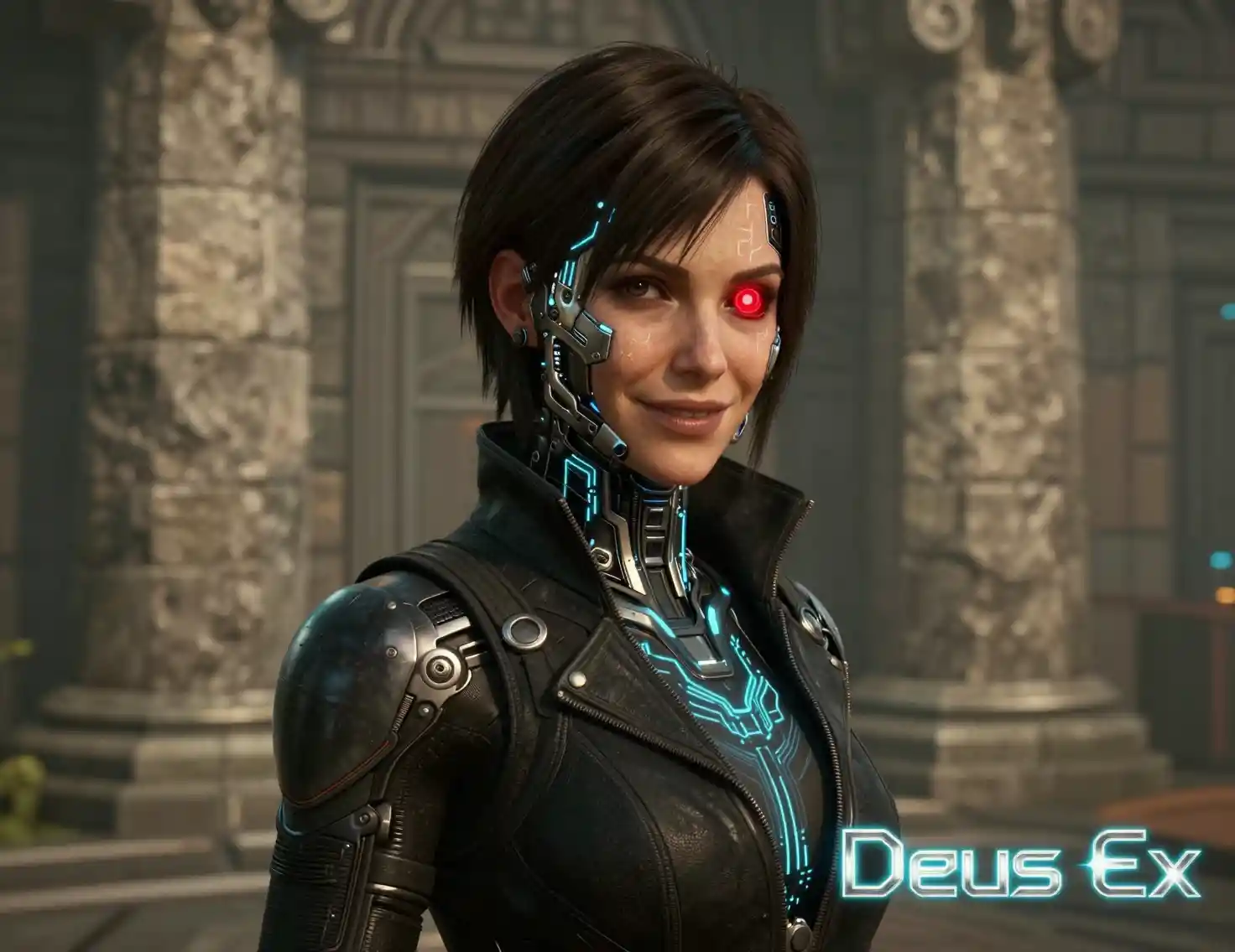Cyborg femminile potenziata che sorride davanti a imponenti colonne di pietra