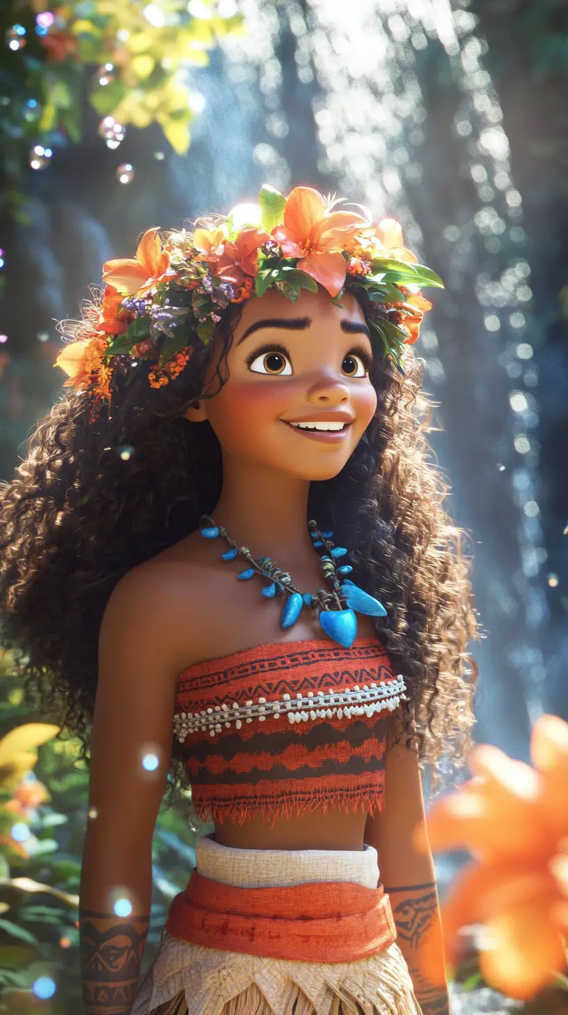 Smiling island girl before a waterfall in fairytale style