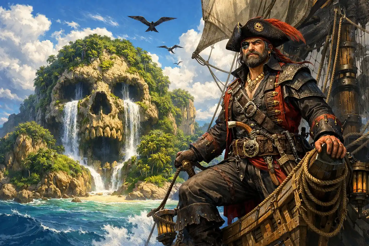 Poderoso pirata em um navio rumo à ilha-caveira na selva